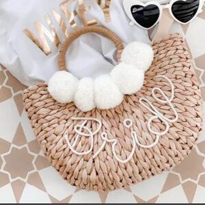 “BRIDE” Tan Woven Bridal Tote with White Pom Poms